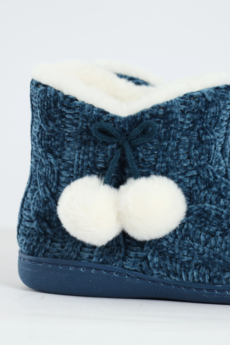 Cable Knit Slipper Bootie With Pompoms - Teal