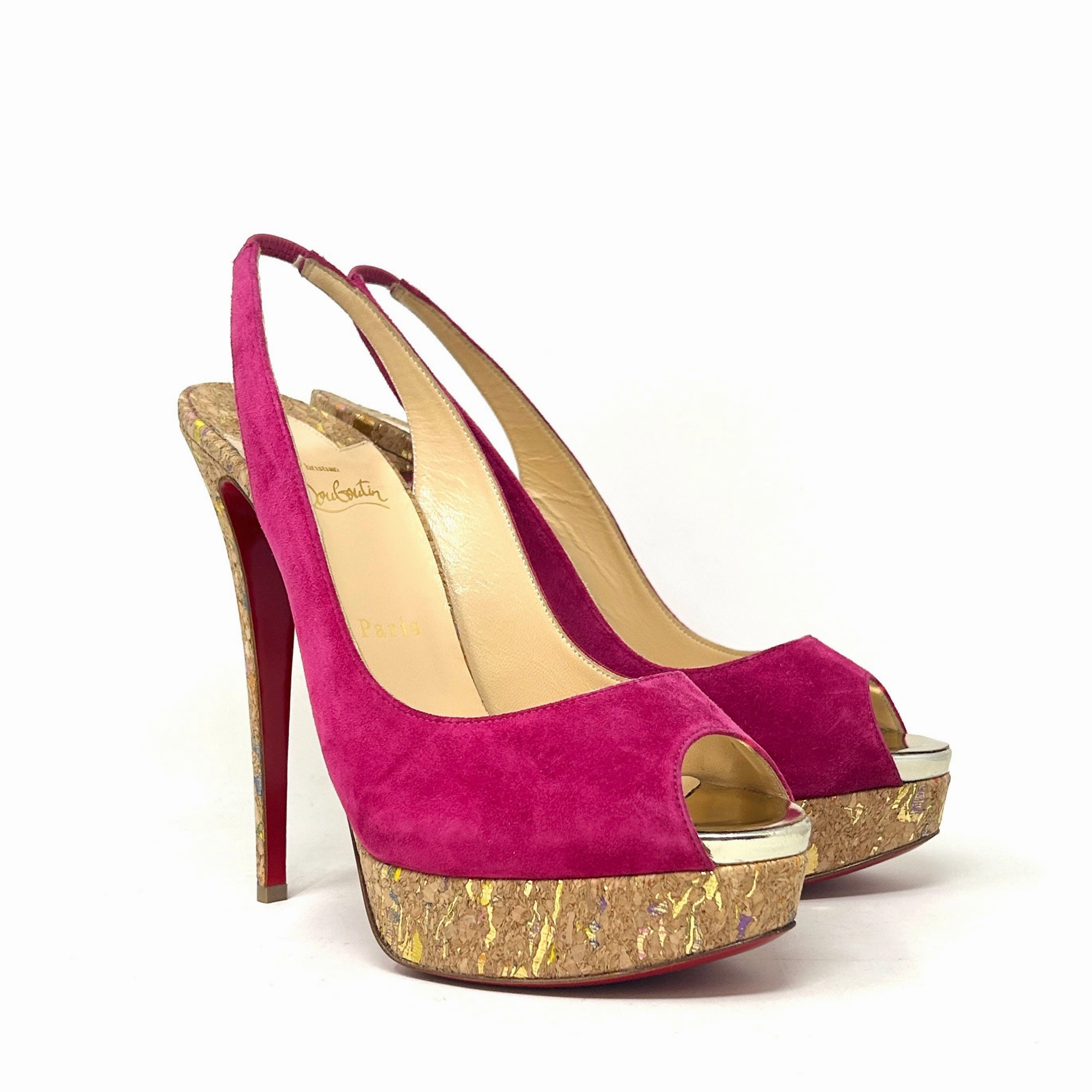 Christian Louboutin Lady Peep 150 Pink Suede Cork Slingback Platform Heels 41 UK 8