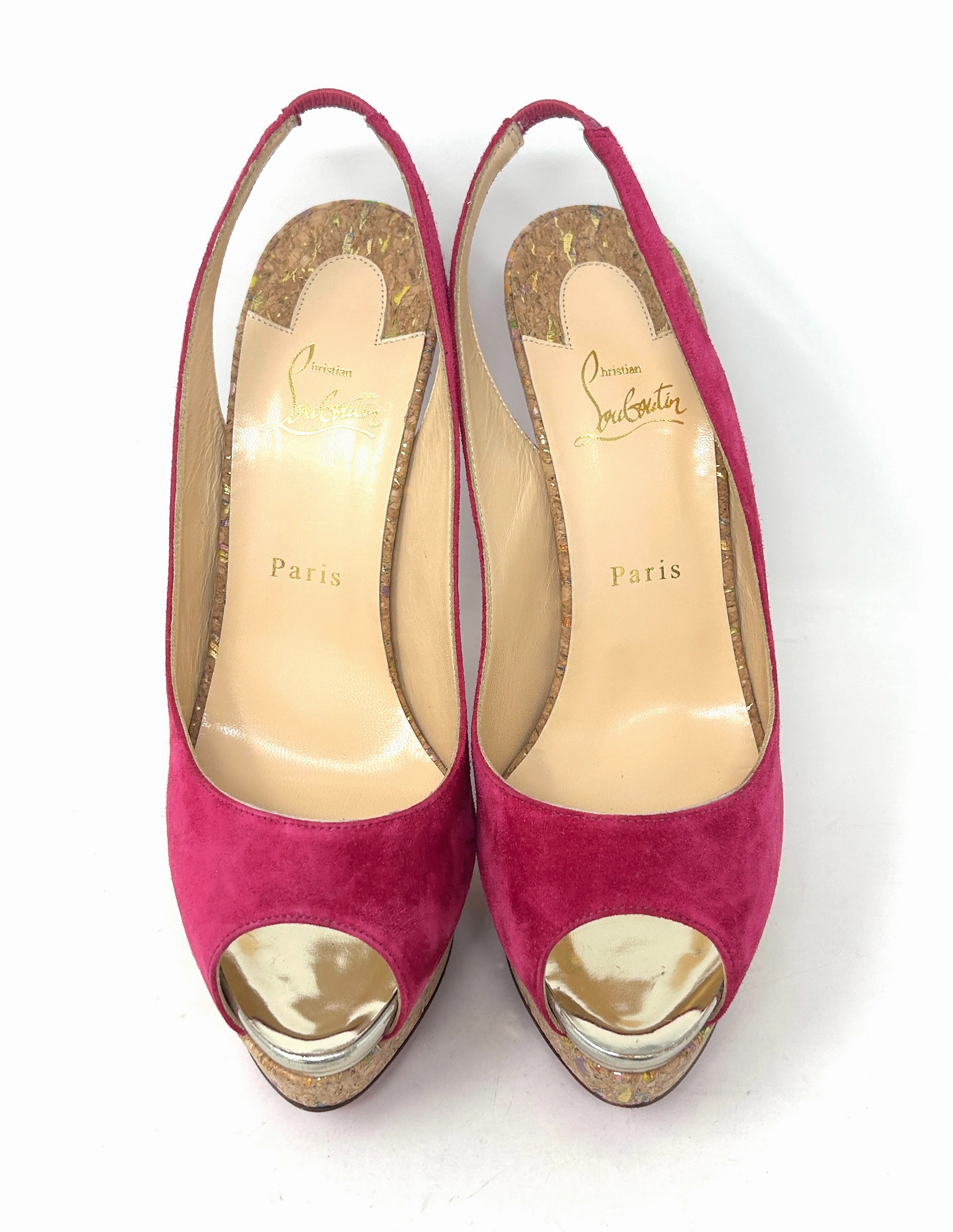 Christian Louboutin Lady Peep 150 Pink Suede Cork Slingback Platform Heels 41 UK 8
