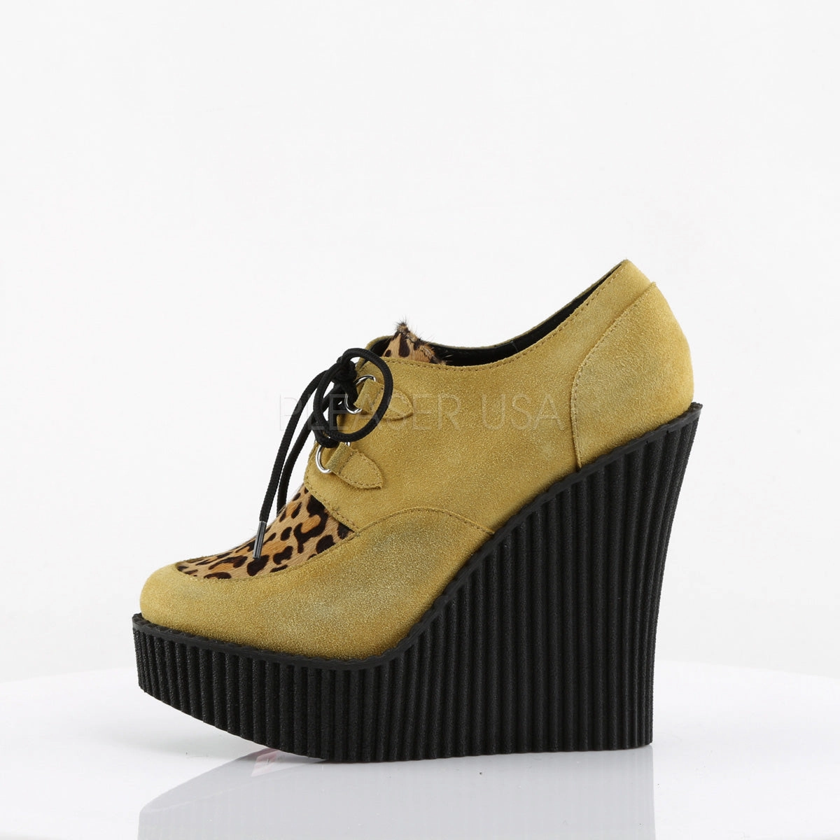 CREEPER-304  Mustard Vegan Suede-Leopard Printed Ponly Hair
