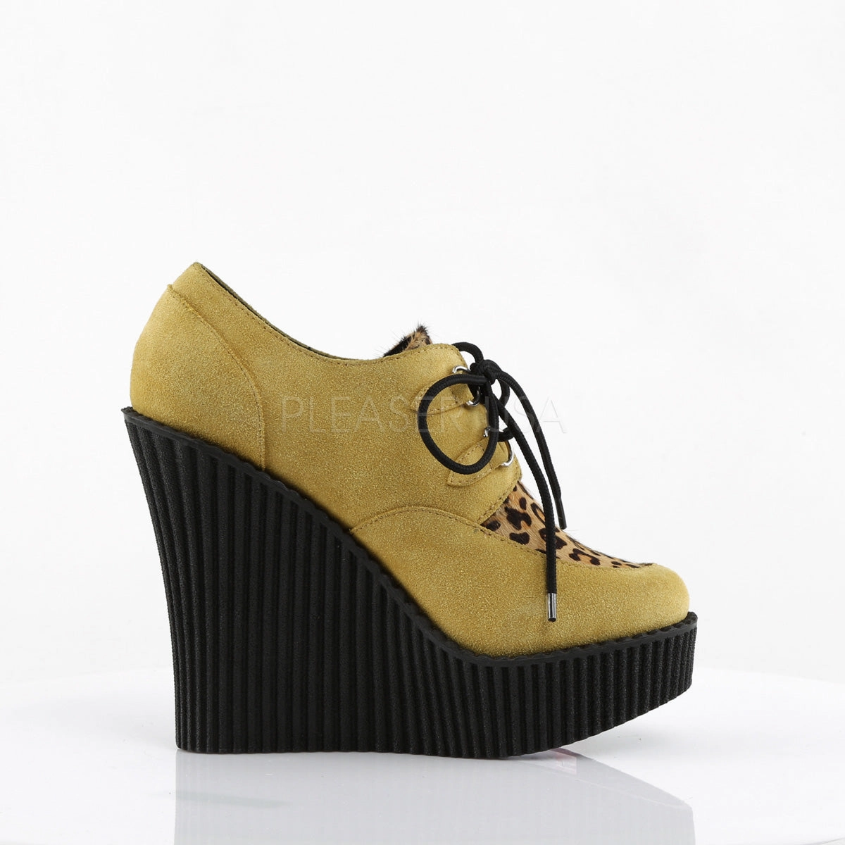 CREEPER-304  Mustard Vegan Suede-Leopard Printed Ponly Hair