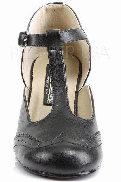 FLAPPER-26 T-Strap | Black Faux Leather