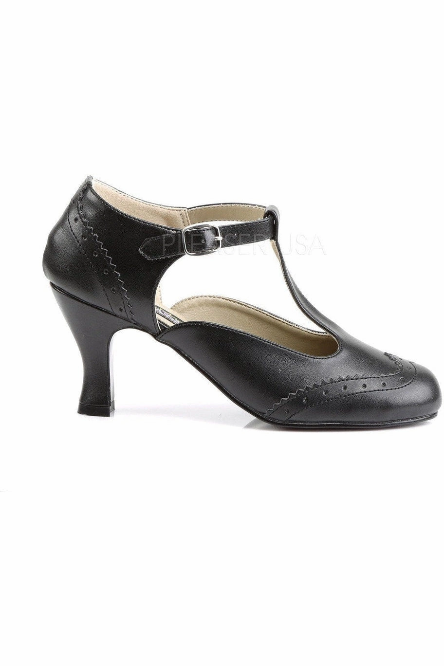FLAPPER-26 T-Strap | Black Faux Leather