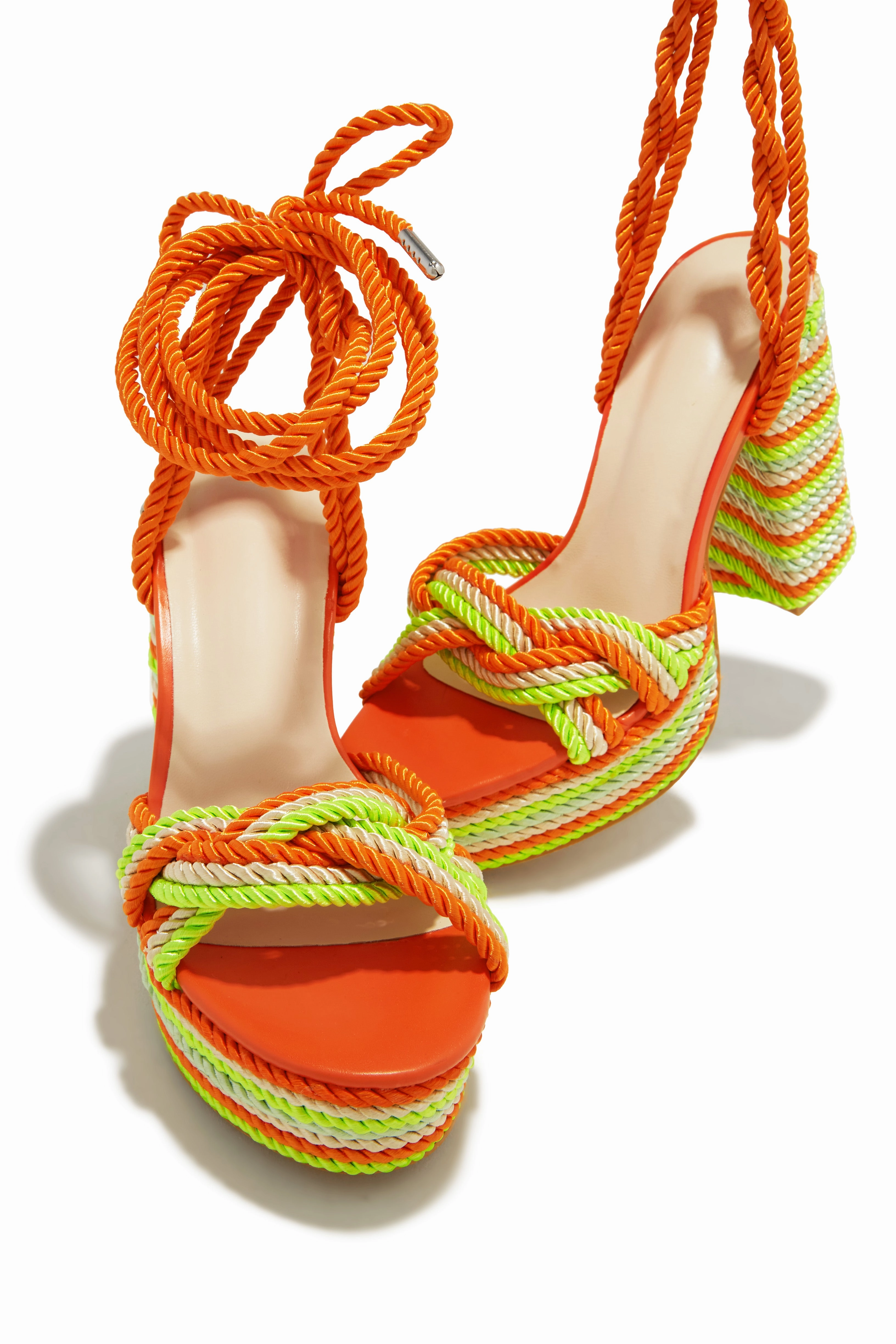 Jadin Lace Up Platform Block Heels - Orange Multi
