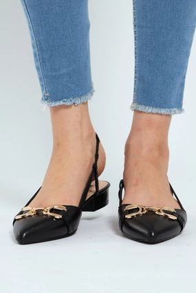 Pointy Slingback Low Block Heel With Trim - Black